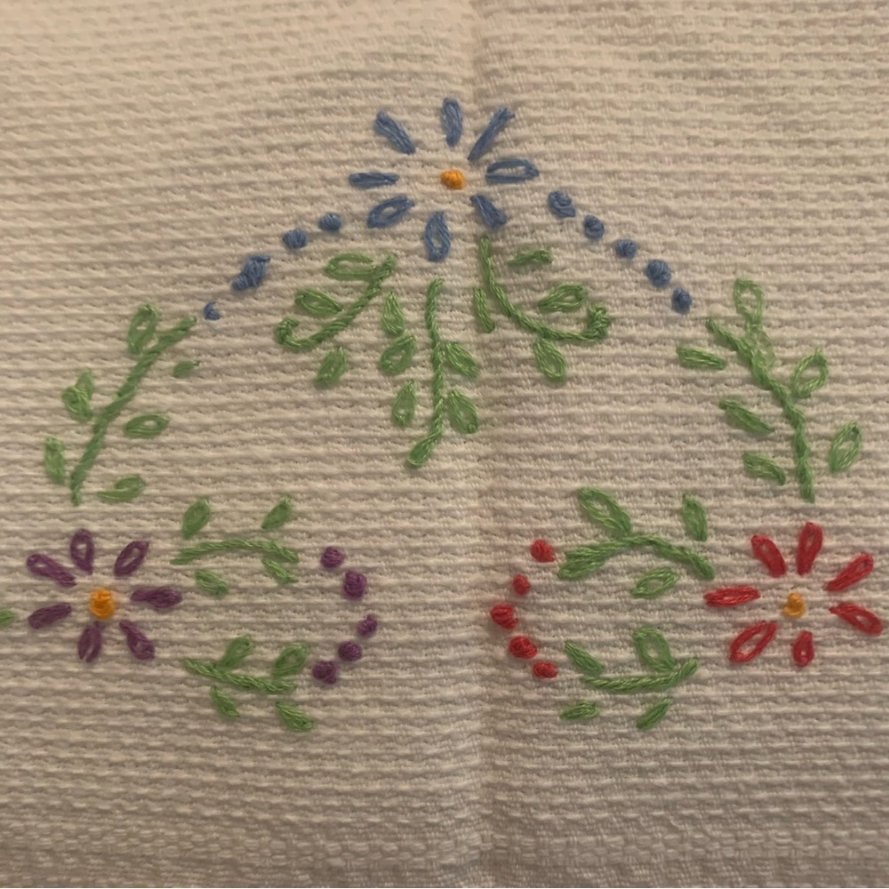 Hand Embroidered Tea Towel 40” x 15” of Lazy Daisy Design on White Towel Vintage